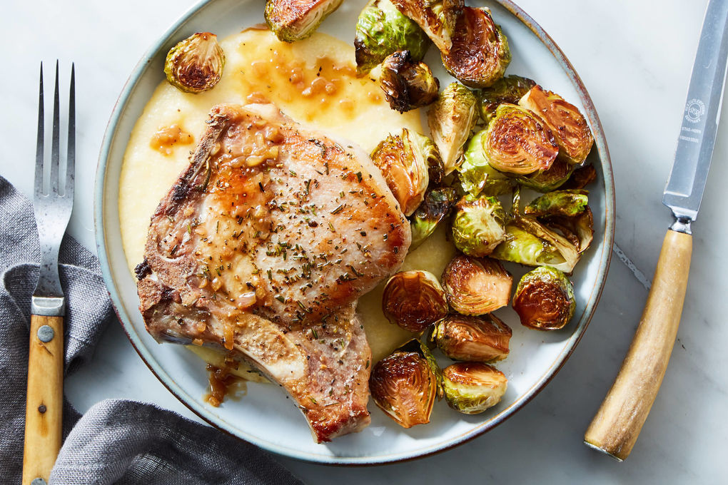 Pork Chops with Apples, Roasted Brussel Sprouts & Buttermilk Mash