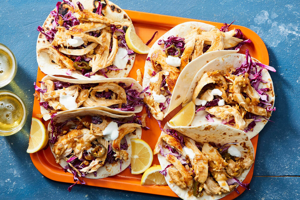 BBQ Chicken Tacos with Cabbage Slaw & Roasted Sweet Potatoes