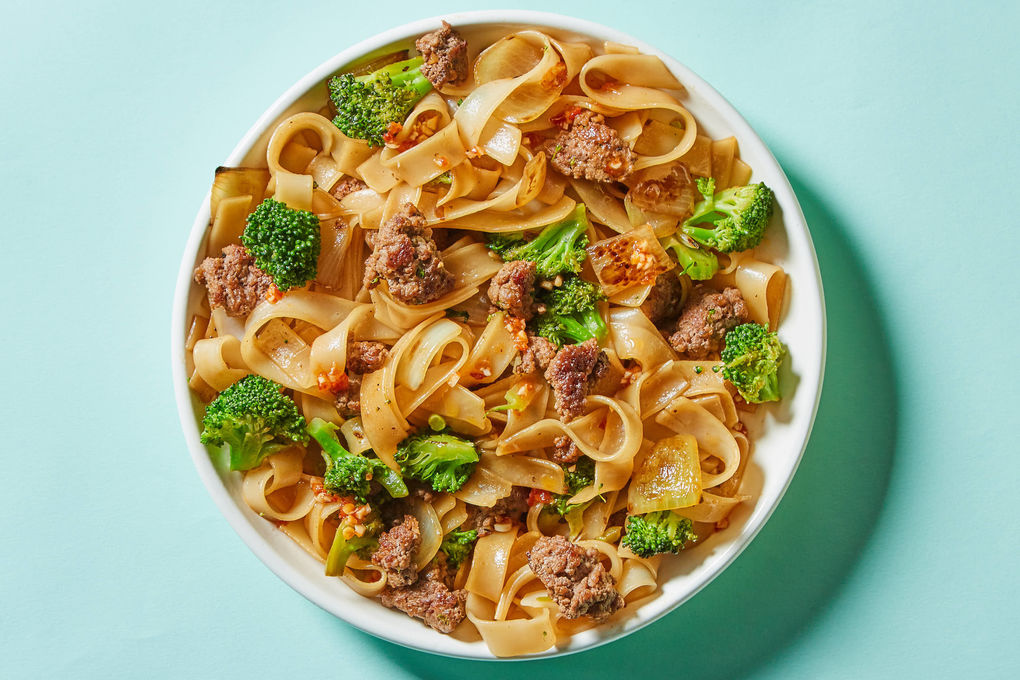 Beef Chow Fun with Roasted Spicy Sesame Broccoli