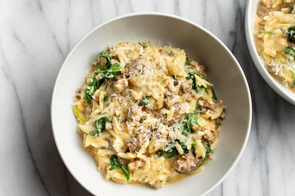 Creamy Tuscan Orzo with Spicy Italian Sausage