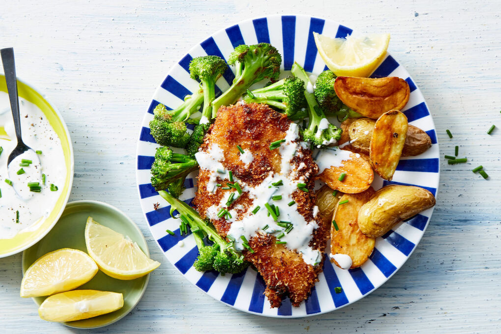 Crispy Sour Cream & Onion Chicken with Herb Roasted Potatoes & Broccoli