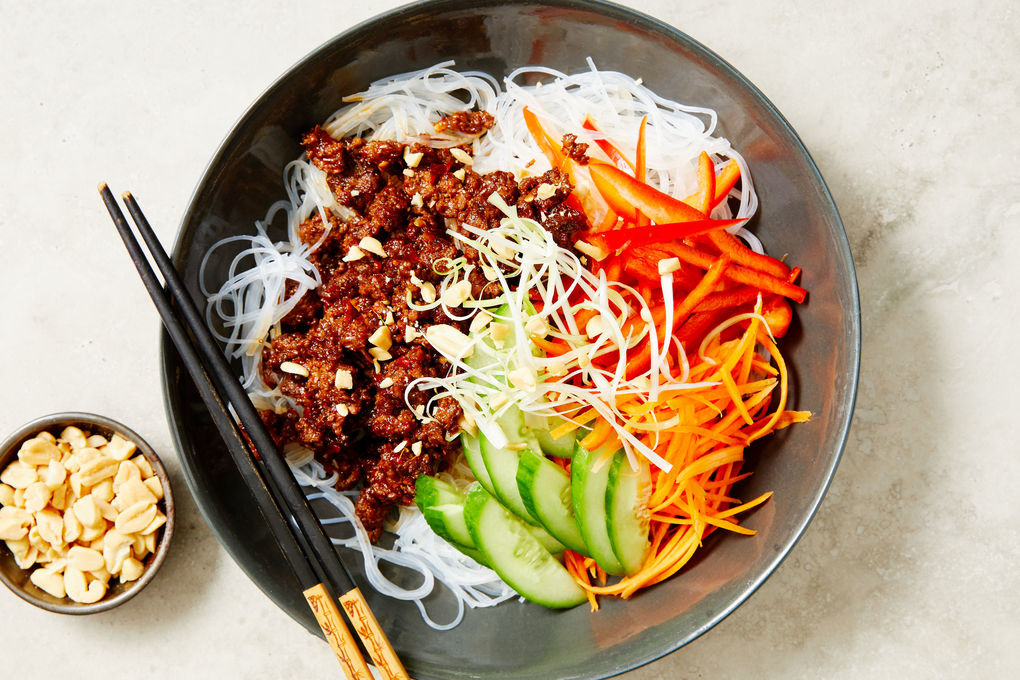 Hoisin Beef Noodle Bowl with Crunchy Veggies & Chopped Peanuts