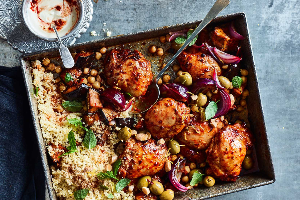 Moroccan chicken traybake with olives, chickpeas & cous cous