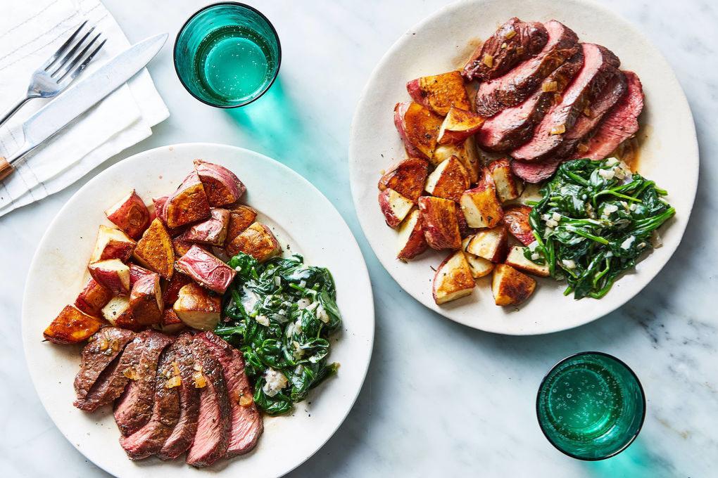 Seared Steak with Creamed Spinach with Red Potatoes & Herby Red Wine Pan Sauce