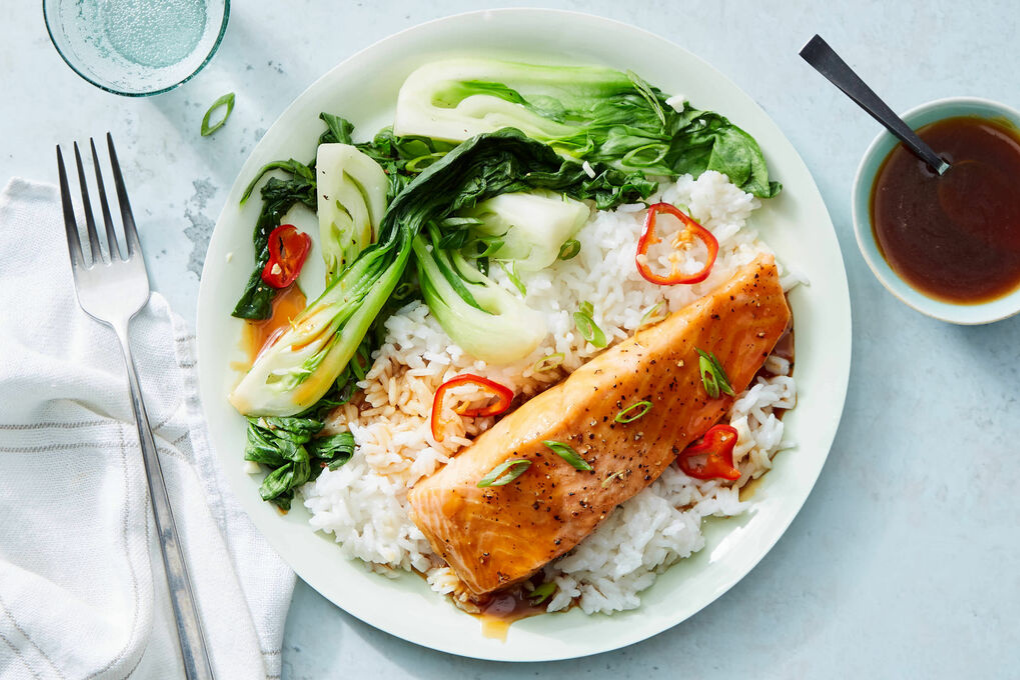 Vietnamese Sticky Salmon with Coconut Scallion Rice, Bok Choy & Pickled Chiles