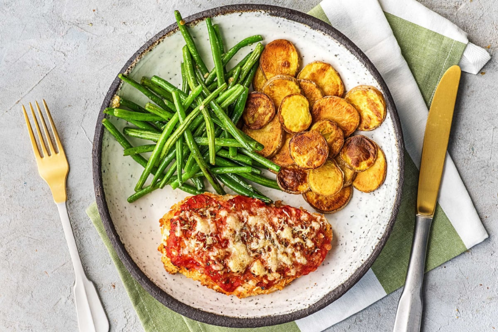 Baked Chicken Parmesan with Crispy Potatoes & Garlicky Green Beans