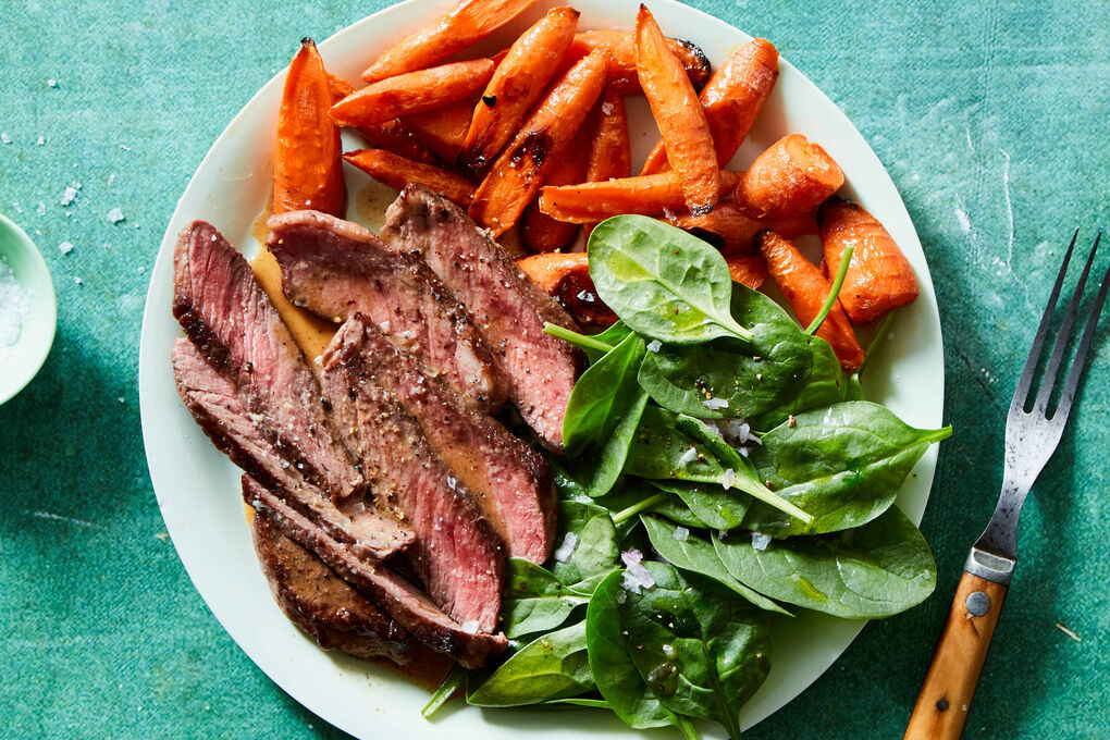 Steak au Poivre with Caramelized Carrots & Spinach Salad